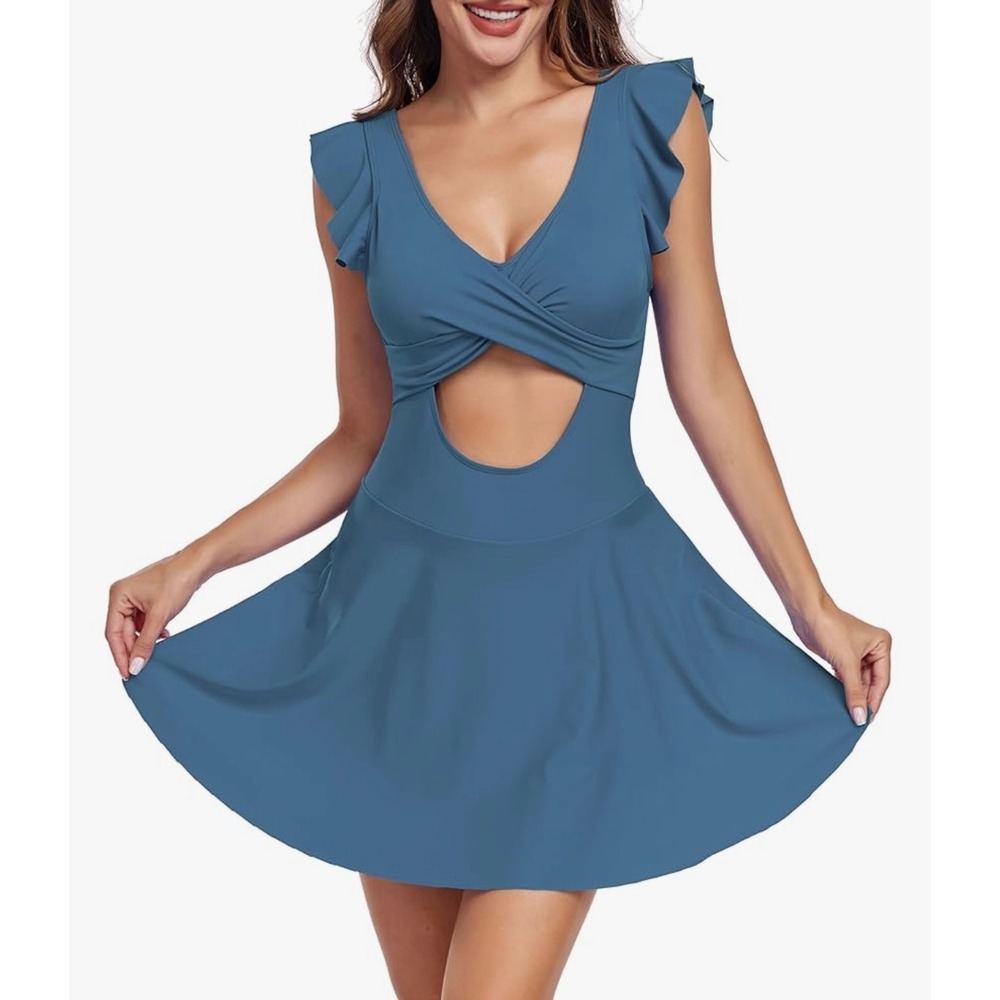 NEW Cupshe Ruffled Sleeve Swim Dress‎ Cutout One Piece Swimsuit Blue Large